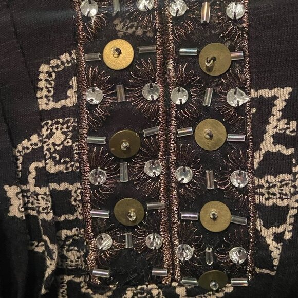 Anthropologie Akemi+Kin Romy Block Printed Top Size XS‎ Black Beaded Blouse Boho - Picture 4 of 8